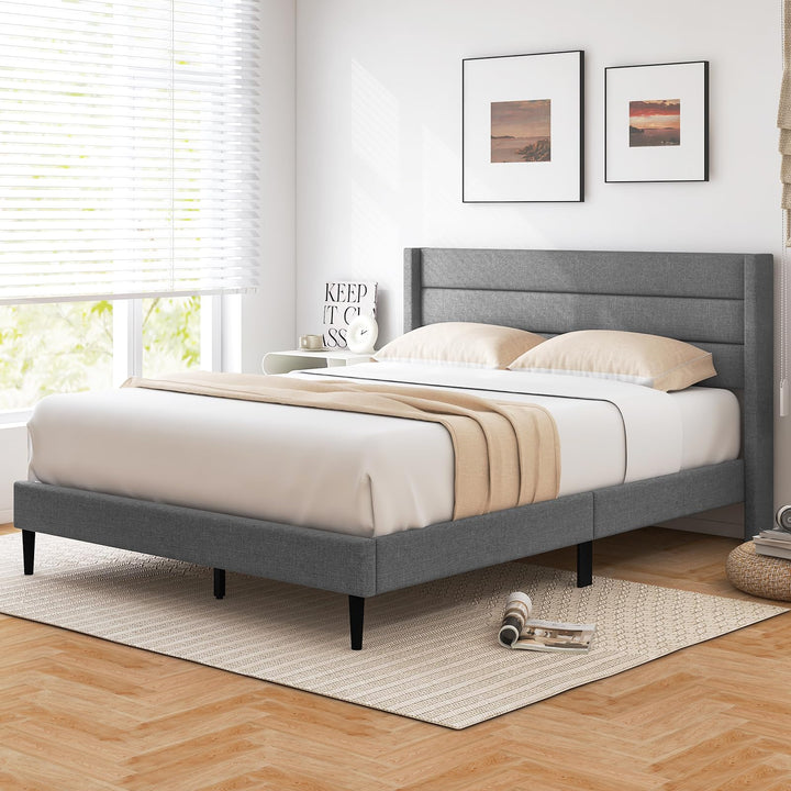 Giantex Queen/Twin Size Bed Frame, Modern Linen Upholstered Platform Bed with Wingback Headboard