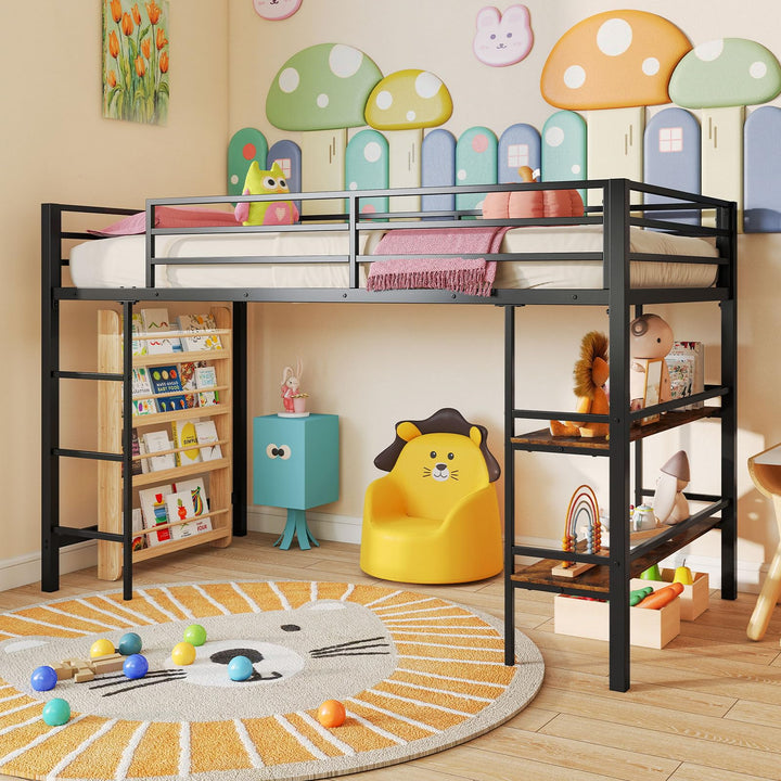 Giantex Low Loft Bed Twin Size Heavy Duty Metal Frame w/Storage Shelves