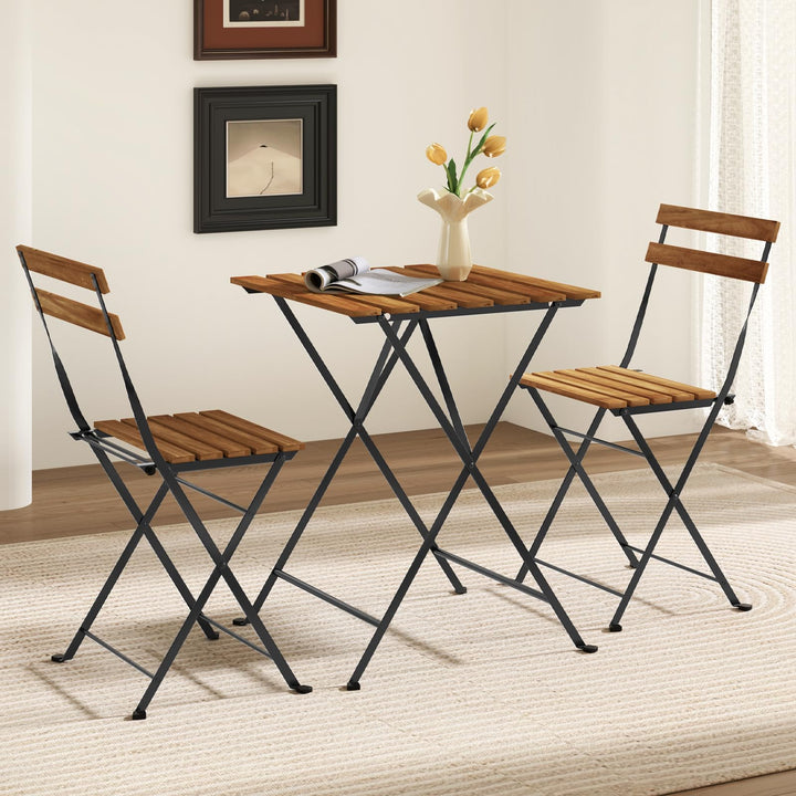 Giantex 3-Piece Acacia Wood Bistro Set with 2 Folding Chairs, Slatted Seat &amp; Tabletop