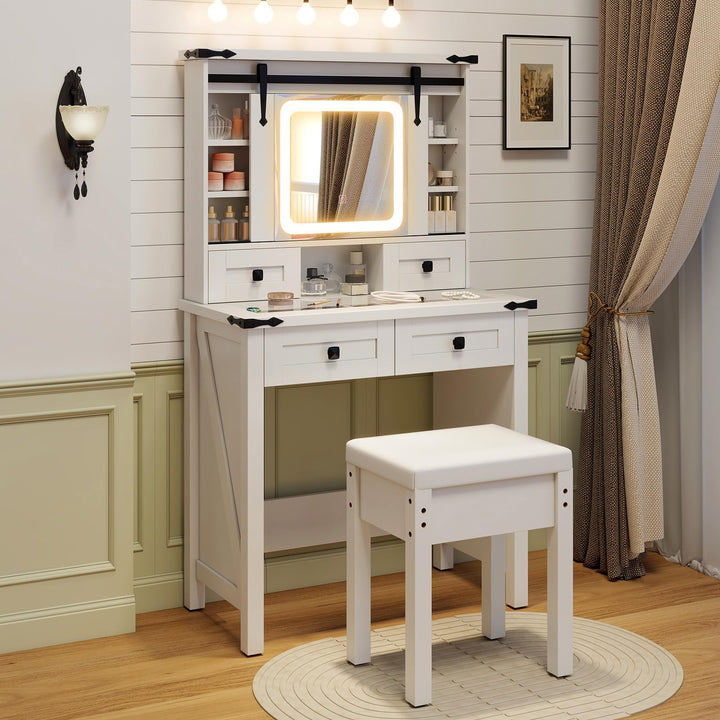 CHARMAID Farmhouse Vanity Desk with Drawers &amp; Shelves, Rustic Vanity Dressing Table with Stool (31" Wide,White)