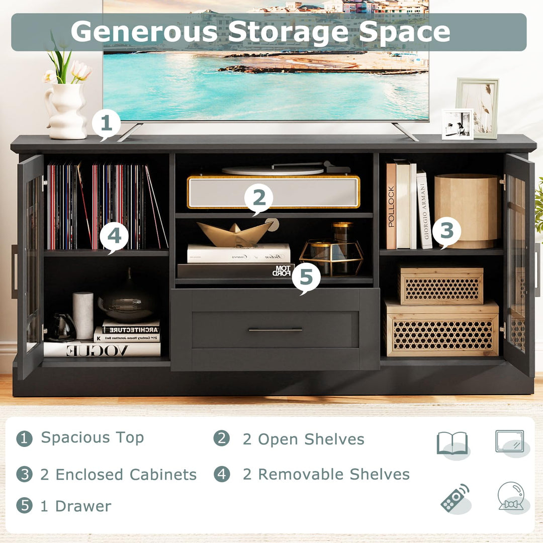 Giantex Farmhouse TV Stand for 65/70 Inch TV with Storage Cabinets &amp; Glass Door