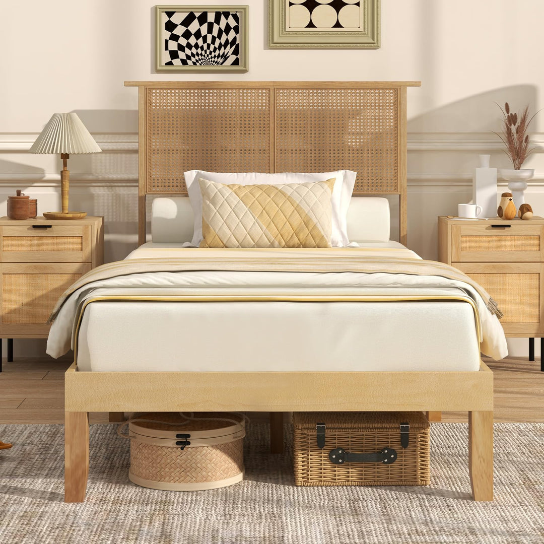 Giantex Queen/Full/Twin Size Bed Frames with Rattan Headboard, Boho Solid Wood Platform Bed with Wooden Slats