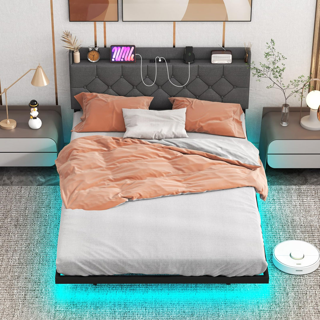 Giantex Queen/Full Size Floating Bed Frame with LED Lights, Modern Platform Bed with Adjustable Upholstered Headboard &amp; Charging Station