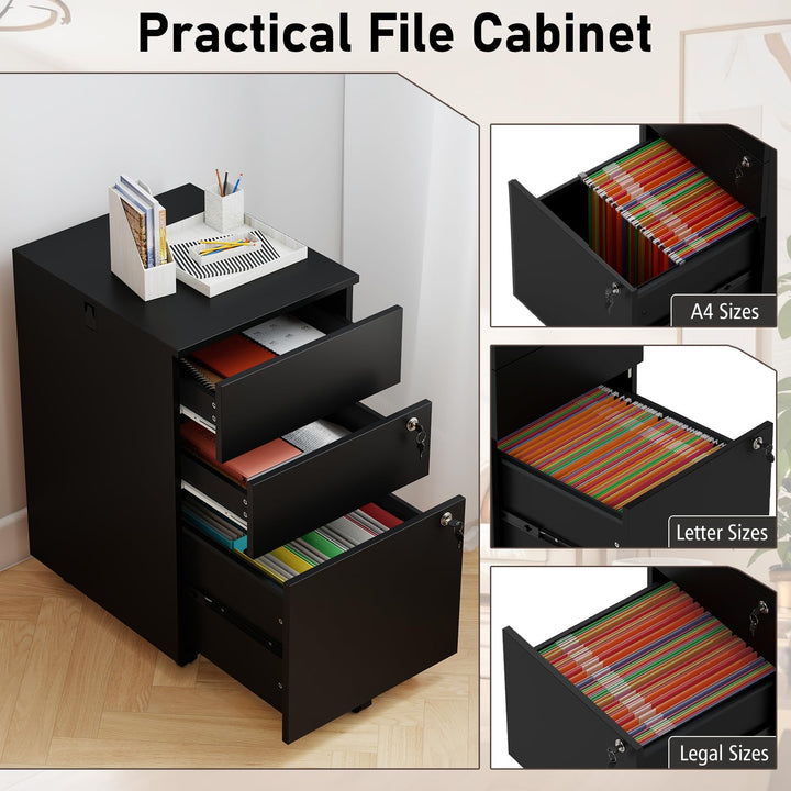 Giantex 3-Drawer File Cabinet with Wheels Wooden File Organizer