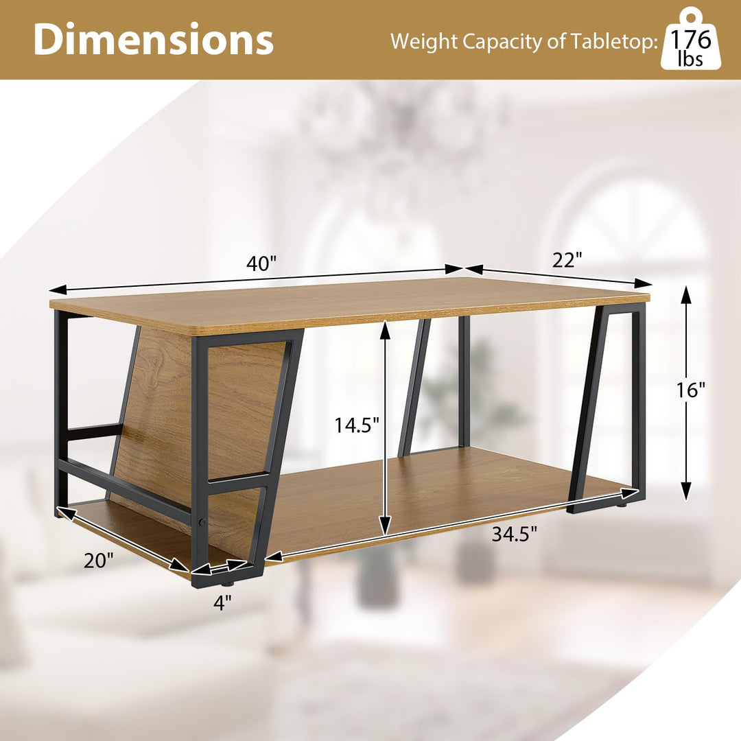 Giantex Rectangle Coffee Table 2-tier Industrial Accent Table with Storage Shelf and Compartment
