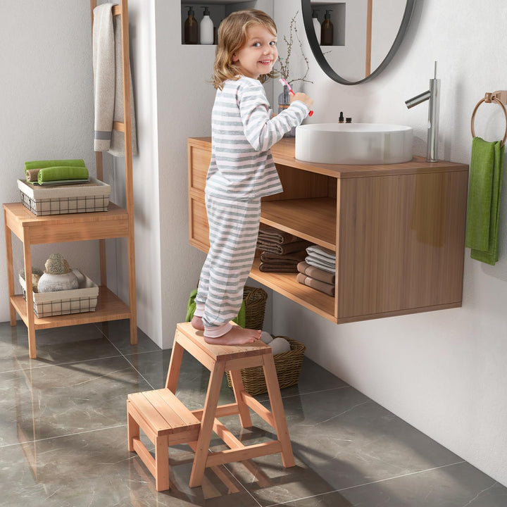 Giantex Folding Step Stool, Wooden 2-Step Stool for Kids &amp; Adults, Holds up to 550Lbs