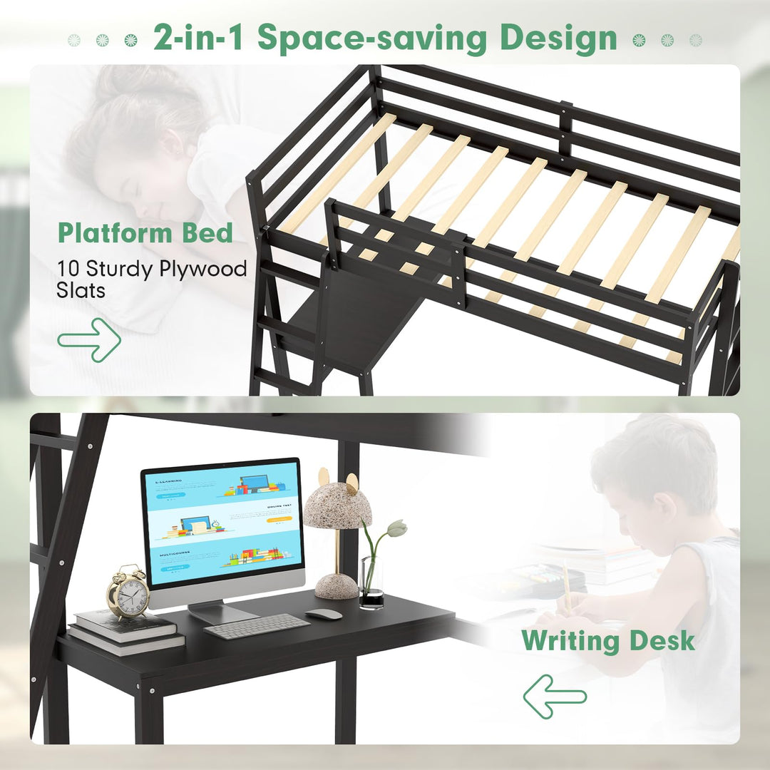 Giantex Twin Size Loft Bed with Desk, Solid Wood Loft Bed with 2 Ladders &amp; Full Length Guardrail