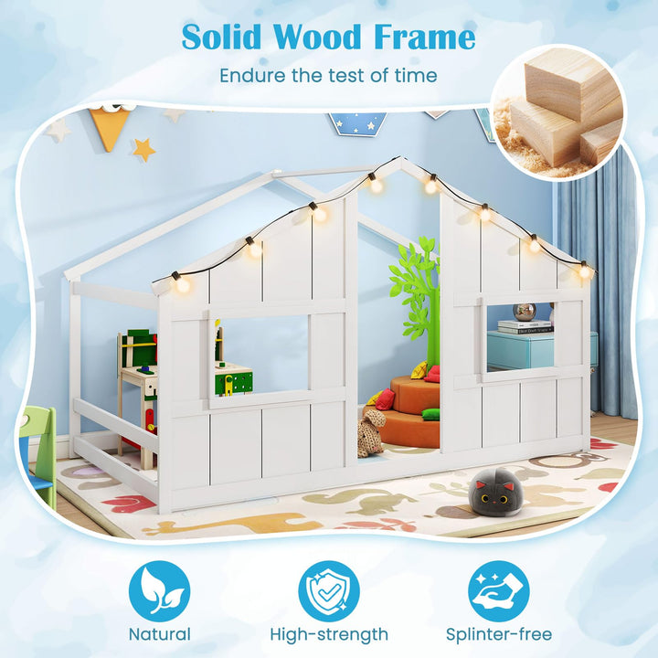 Giantex Twin Kids House Bed with Light Bulbs Wooden Montessori Floor Bed Frame with Roof &amp; Windows