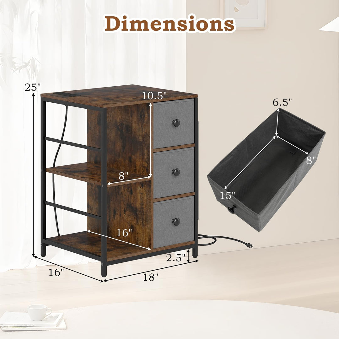 Giantex Industrial Nightstand with Charging Station - End Side Table w/3 Fabric Drawers