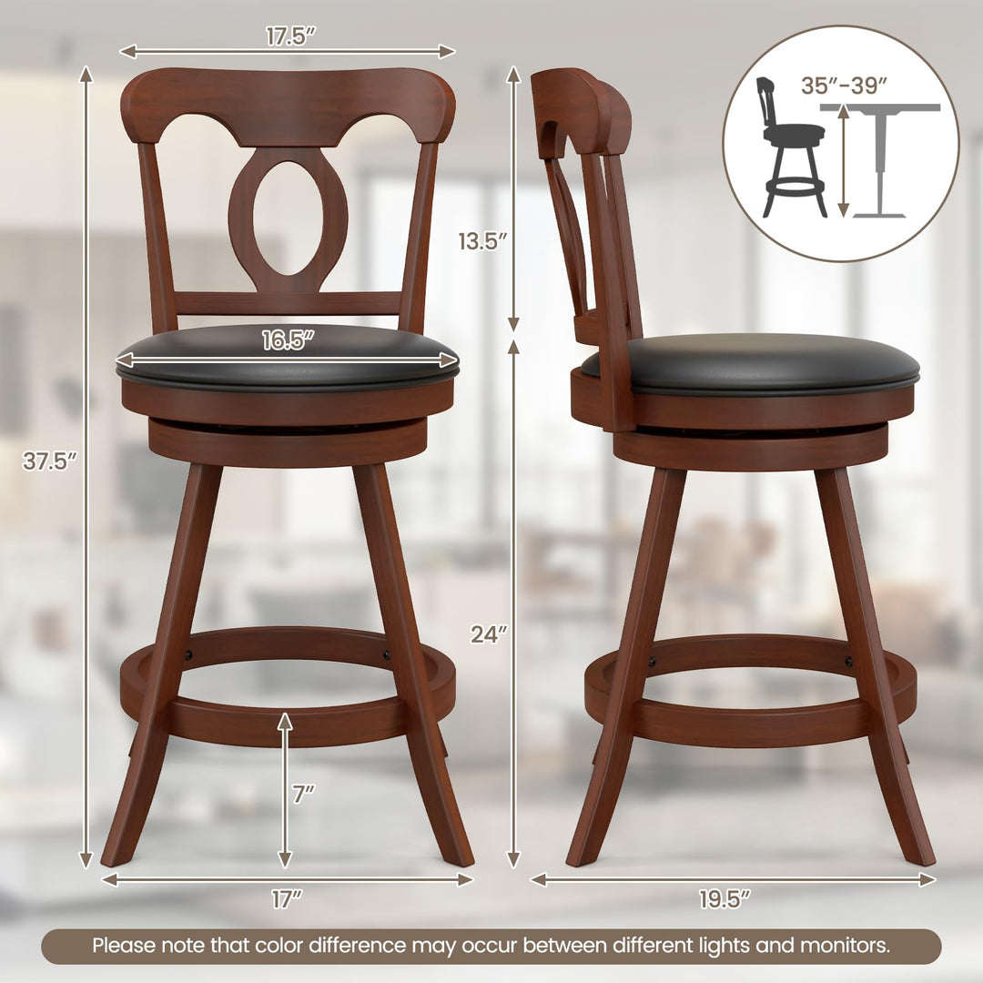 Giantex Swivel Bar Stools Set of 2, 24" Counter Height Barstools with Back, Solid Rubber Wood Frame