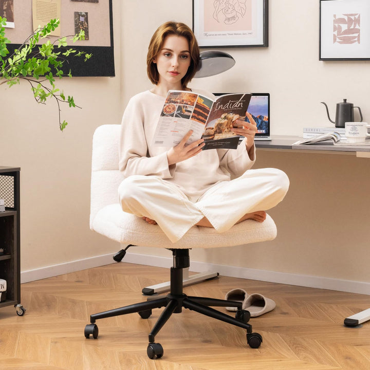 Giantex Criss Cross Chair with Wheels, Faux Fur Cross Legged Office Chair, Armless Wide Desk Chair