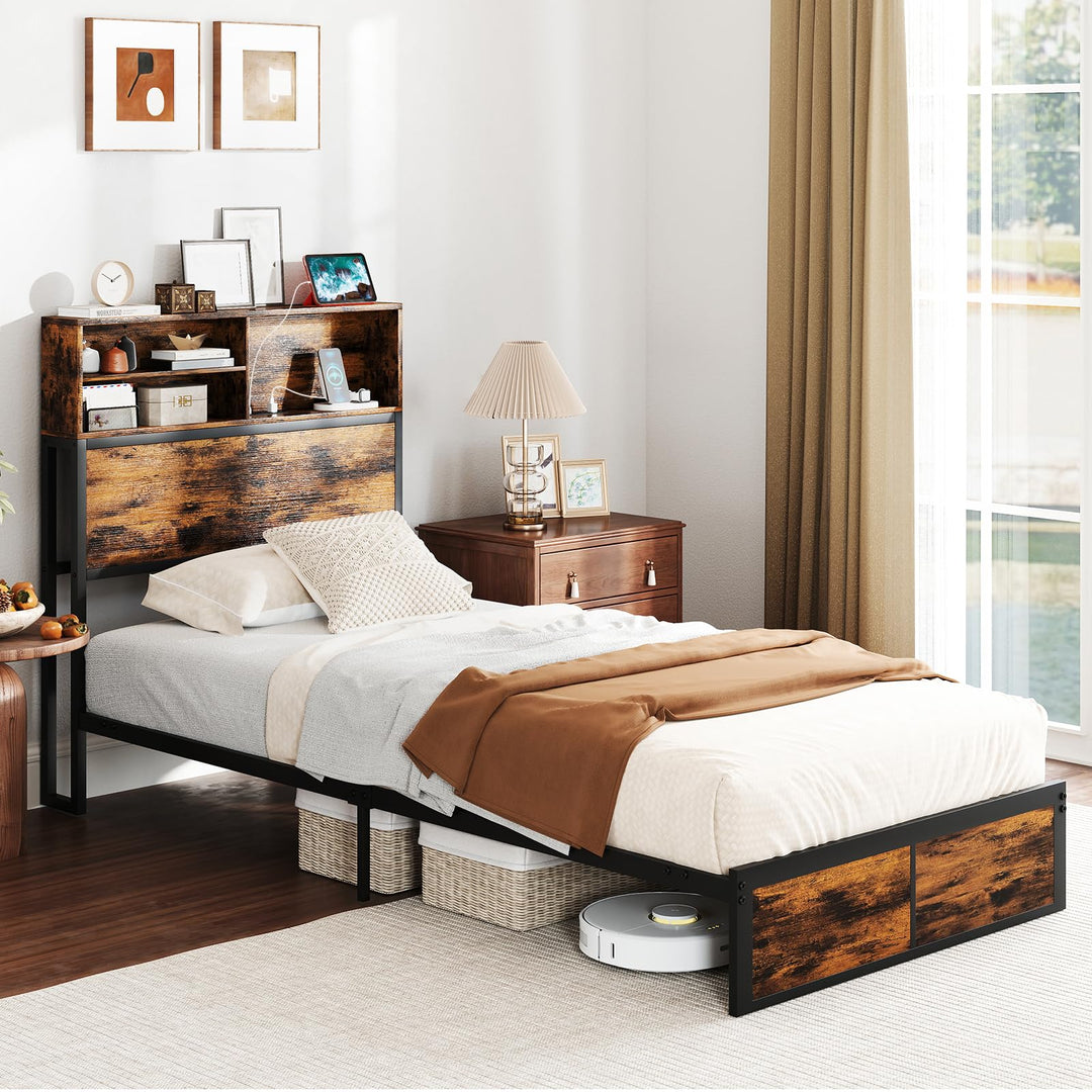 Giantex King/Queen/Twin Size Bed Frame with Storage Headboard and Charging Station, Industrial Metal Platform Bed