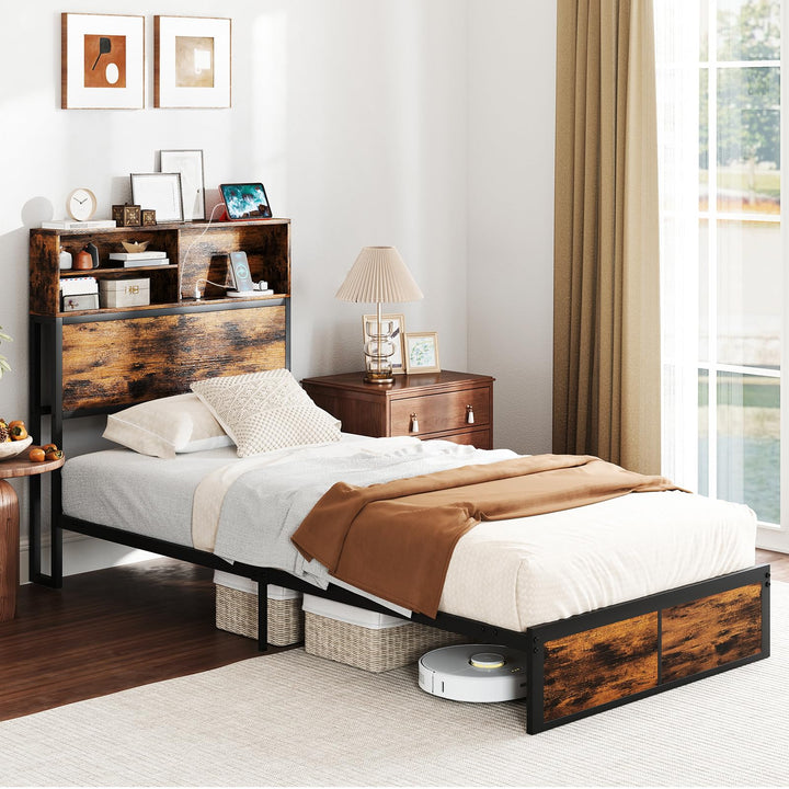 Giantex King/Queen/Twin Size Bed Frame with Storage Headboard and Charging Station, Industrial Metal Platform Bed