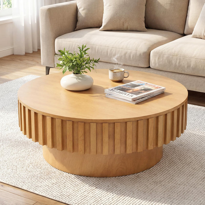 Giantex Round Coffee Table with Storage | Modern Drum Fluted Center Table with Solid Wood Veneered