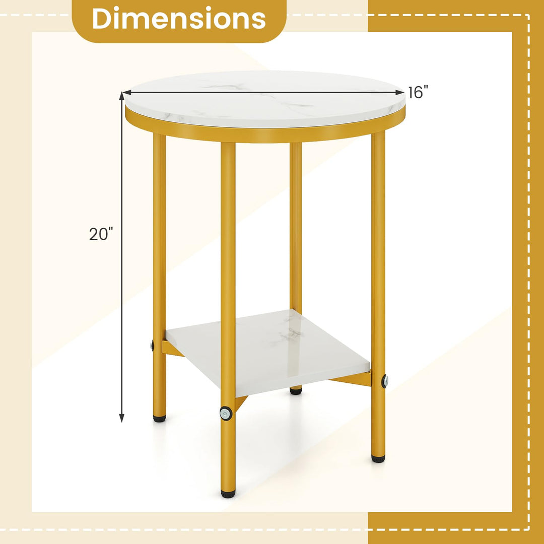 Giantex Round Side Table 2-Tier Faux Marble Sofa Side Coffee Table w/Gold Frame &amp; Open Shelf