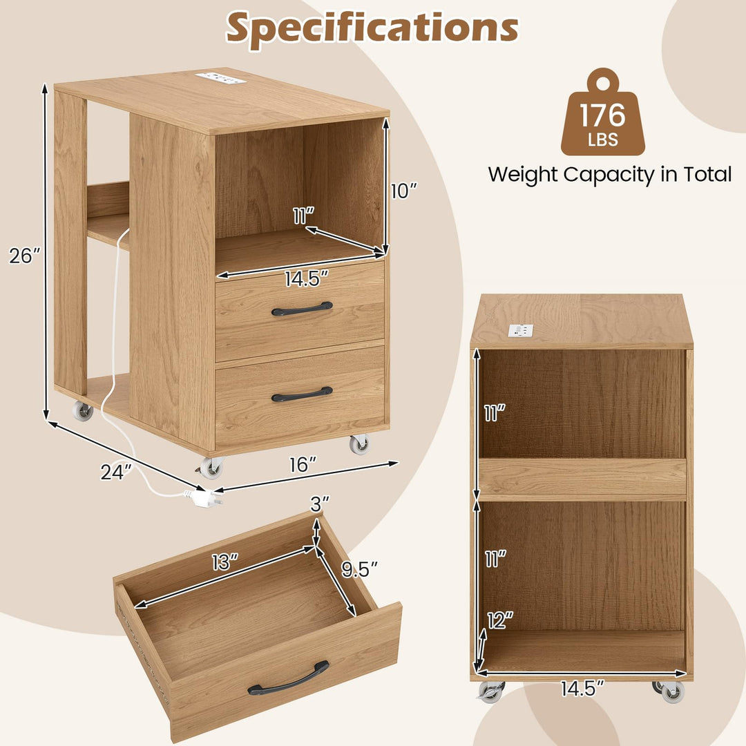 Giantex End Table with Charging Station - Night Stand on Wheels