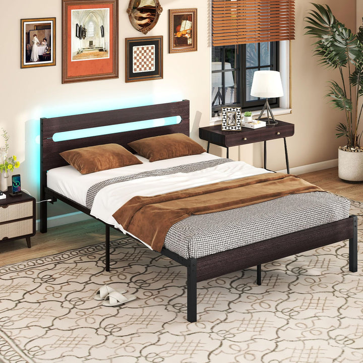 Giantex Full Size LED Bed Frame with Charging Station Rustic Metal Platform Bed