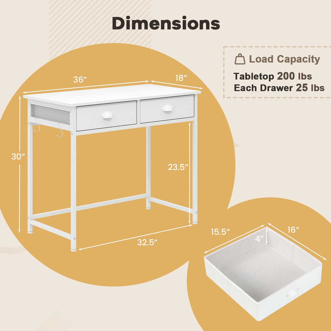 Giantex Small Computer Desk with Fabric Drawers, 36 Inch Home Office Desk with 4 Hanging Hooks &amp; Metal Frame