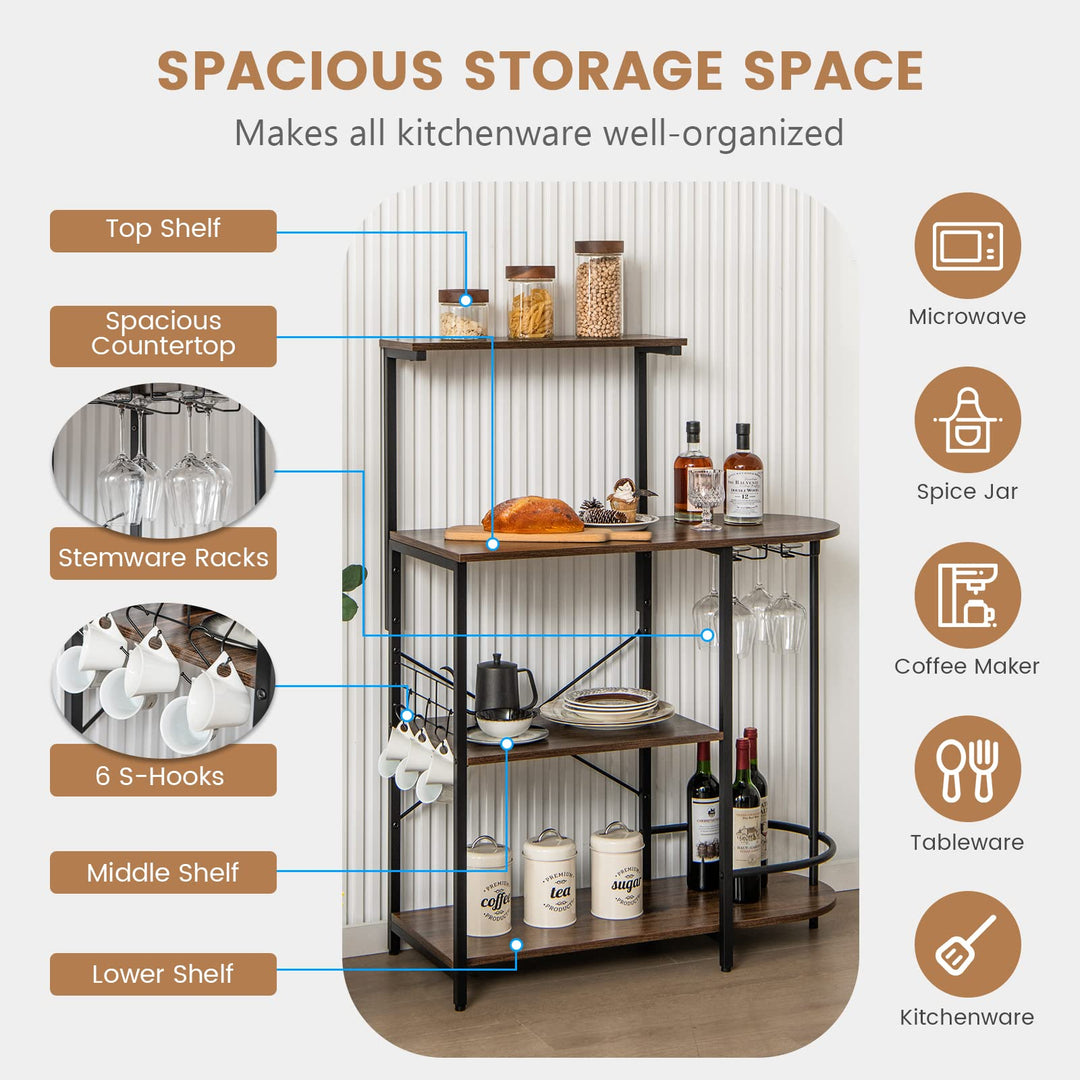 Giantex Kitchen Bakers Rack, 4-Tier Microwave Stand with 6 Hooks &amp; Stemware Racks (Rustic Brown)