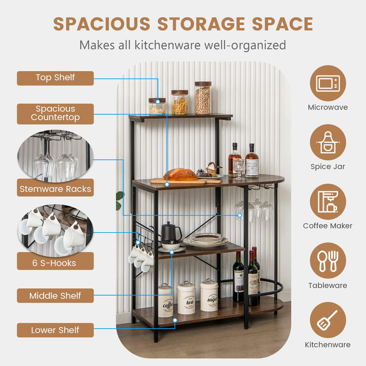 Giantex Kitchen Bakers Rack, 4-Tier Microwave Stand with 6 Hooks &amp; Stemware Racks (Rustic Brown)