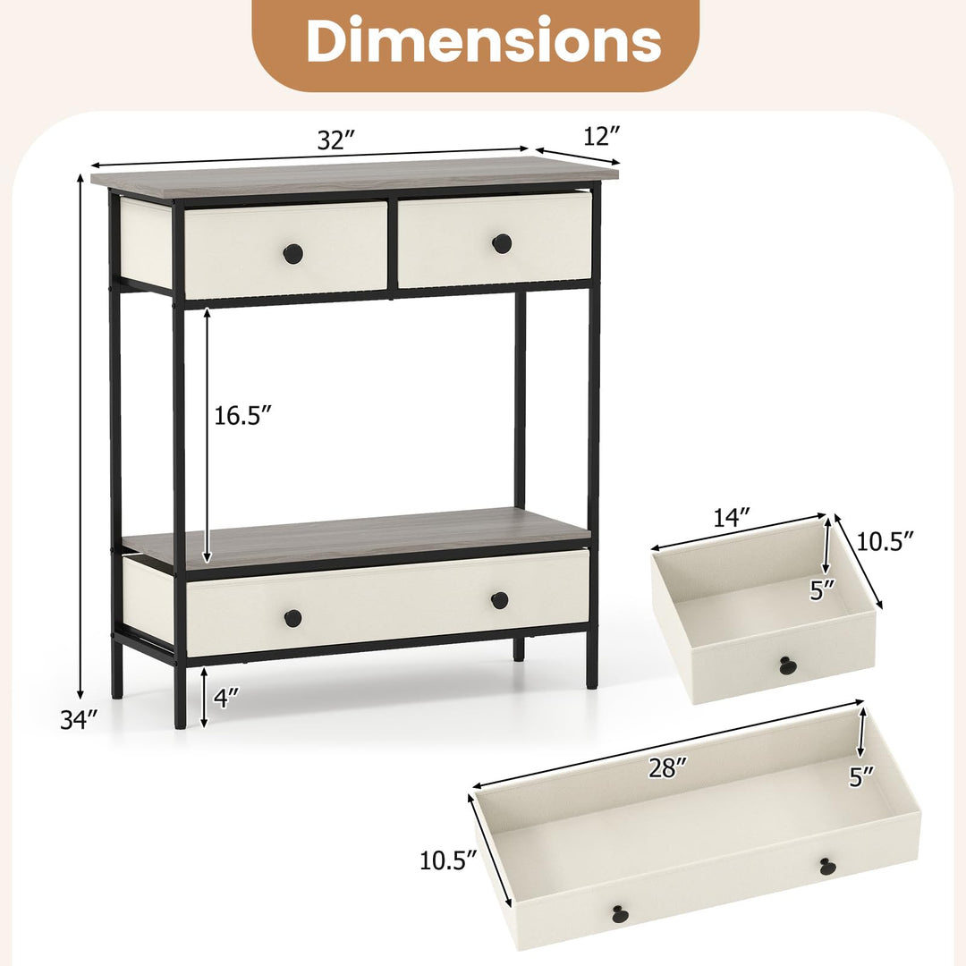 Giantex Farmhouse Console Table 32” Entryway Table with 3 Fabric Drawers &amp; Open Storage Shelf