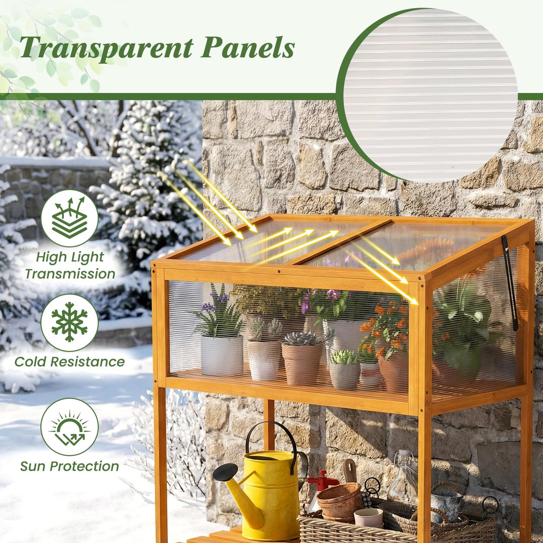 Giantex Wood Cold Frame Greenhouse with Transparent Openable Roof &amp; Slatted Shelf