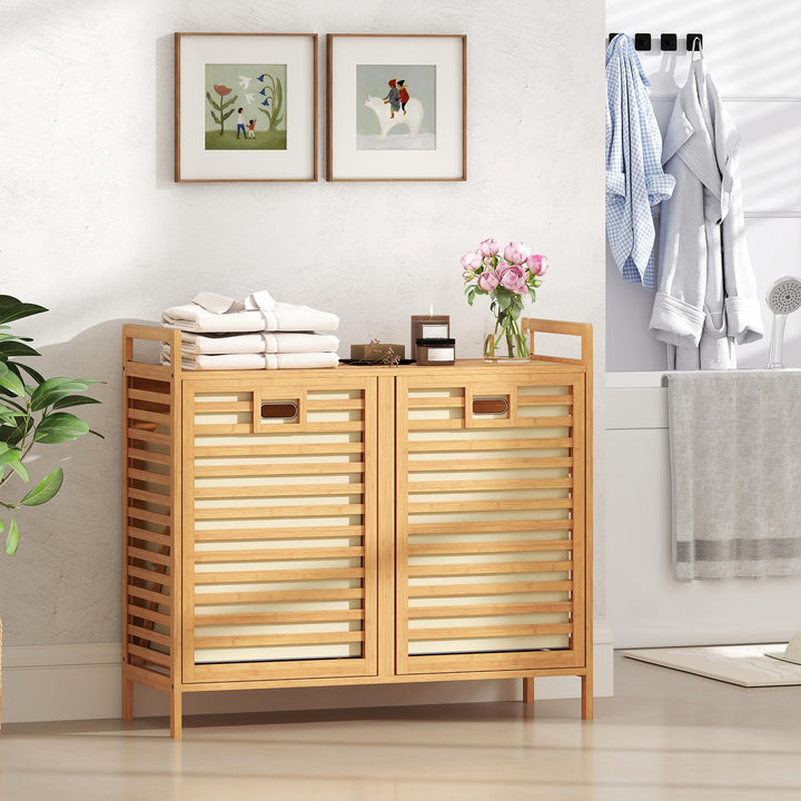 Giantex 20 Gal Bamboo Tilt Out Laundry Hamper with 2 Removable &amp; Foldable Fabric Bins