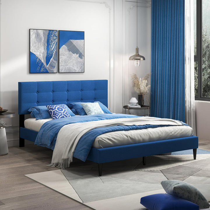 Giantex Queen/Twin Size Platform Bed Frame with Button Tufted Headboard and Wooden Slats