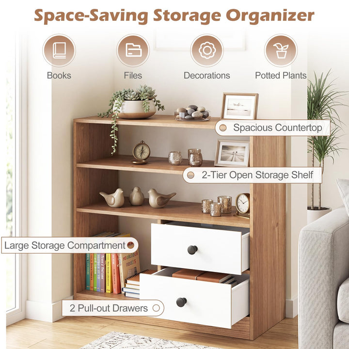 Giantex 4-Tier Freestanding Bookcase w/3 Open Compartments &amp; 2 Detachable Fabric Drawers