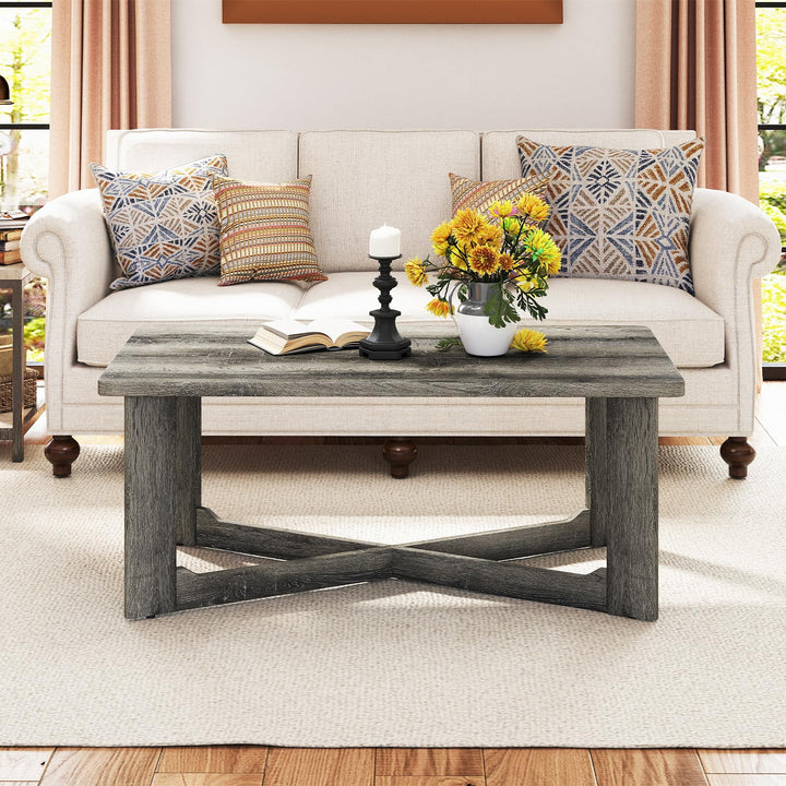 Giantex Farmhouse Wood Coffee Table Rectangle Center Table with X-Shaped Base &amp; Rubber Wood Frame