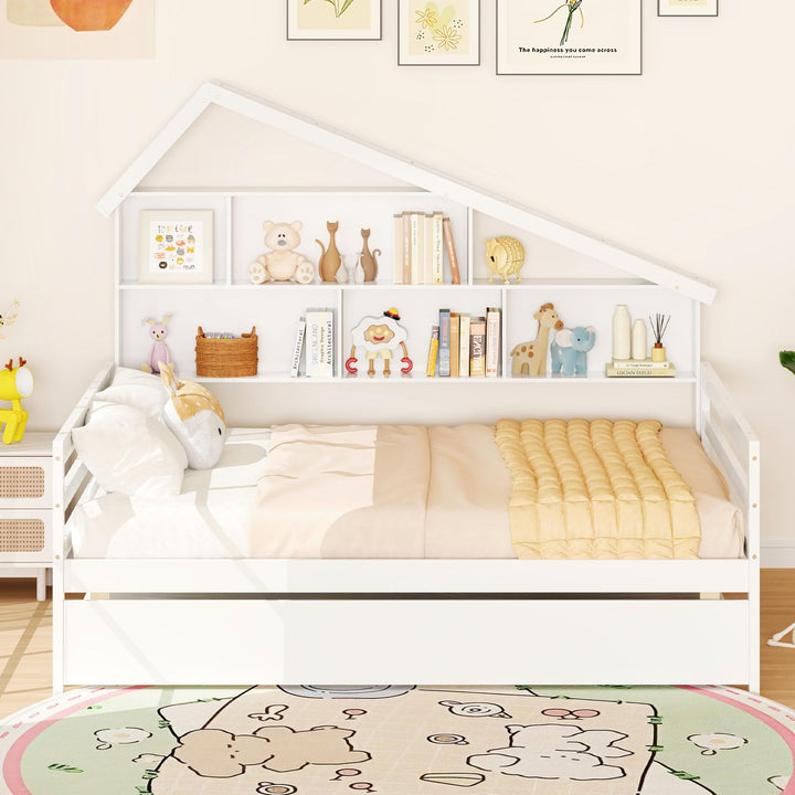 Giantex Full House Bed with Twin Trundle, Wood Daybed with 5 Cube Storage Bookcase &amp; Headboard