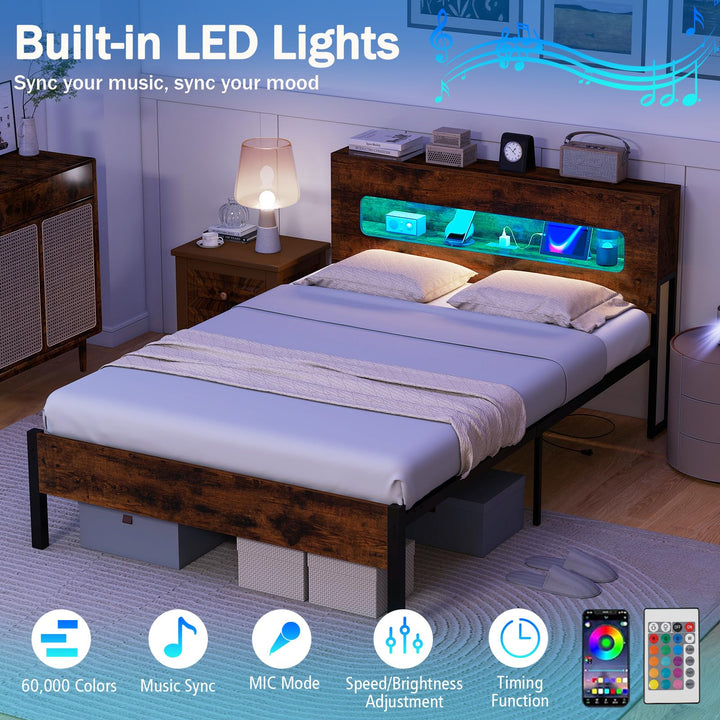 Giantex Full Size Bed Frame with LED Lights &amp; Charging Station
