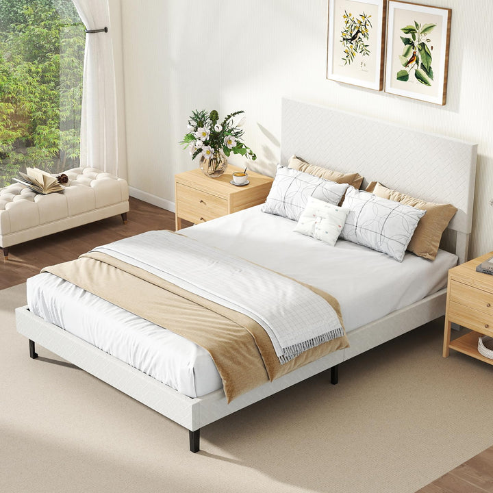 Giantex Bed Frame | Velvet Upholstered Platform Bed w/Height Adjustable Chevron Headboard