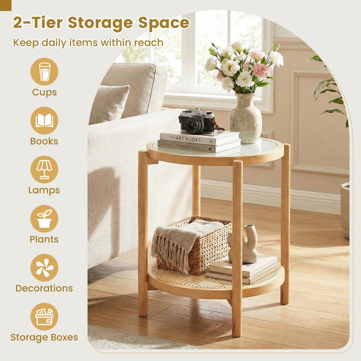 Giantex 2-Tier Boho Rattan Round Side Table w/Tempered Glass Top (1/2)