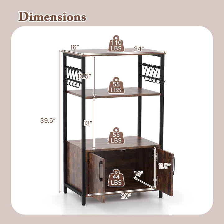Giantex Kitchen Bakers Rack with Storage, 3-Tier Industrial Microwave Stand with Open Shelves and 10 Removable S-Shaped Hooks