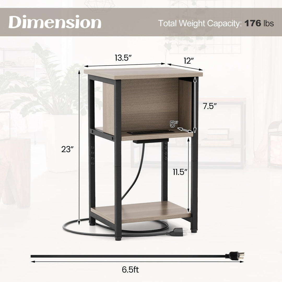 Giantex Nightstand with Charging Station, 3-Tier End Table with USB Ports &amp; Power Outlets