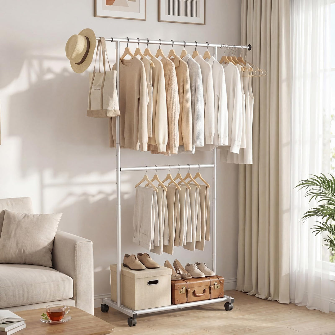 Giantex Extendable Double-Rod Rolling Clothing Rack for Hanging Clothes
