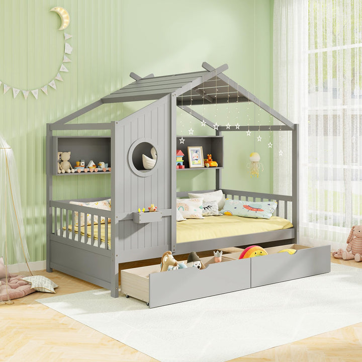 Giantex Twin House Bed with 2 Storage Drawers, Kids Bed Frame with Storage Cubes, Montessori Bed with Fence Guardrails &amp; Roof