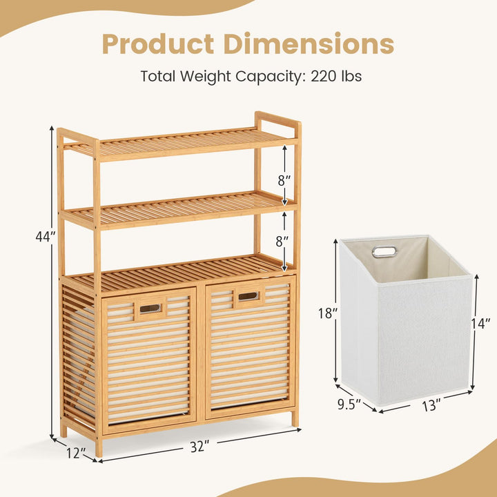 Giantex Double Tilt Out 14 Gal Bamboo Laundry Hamper with 3-Tier Storage Shelf