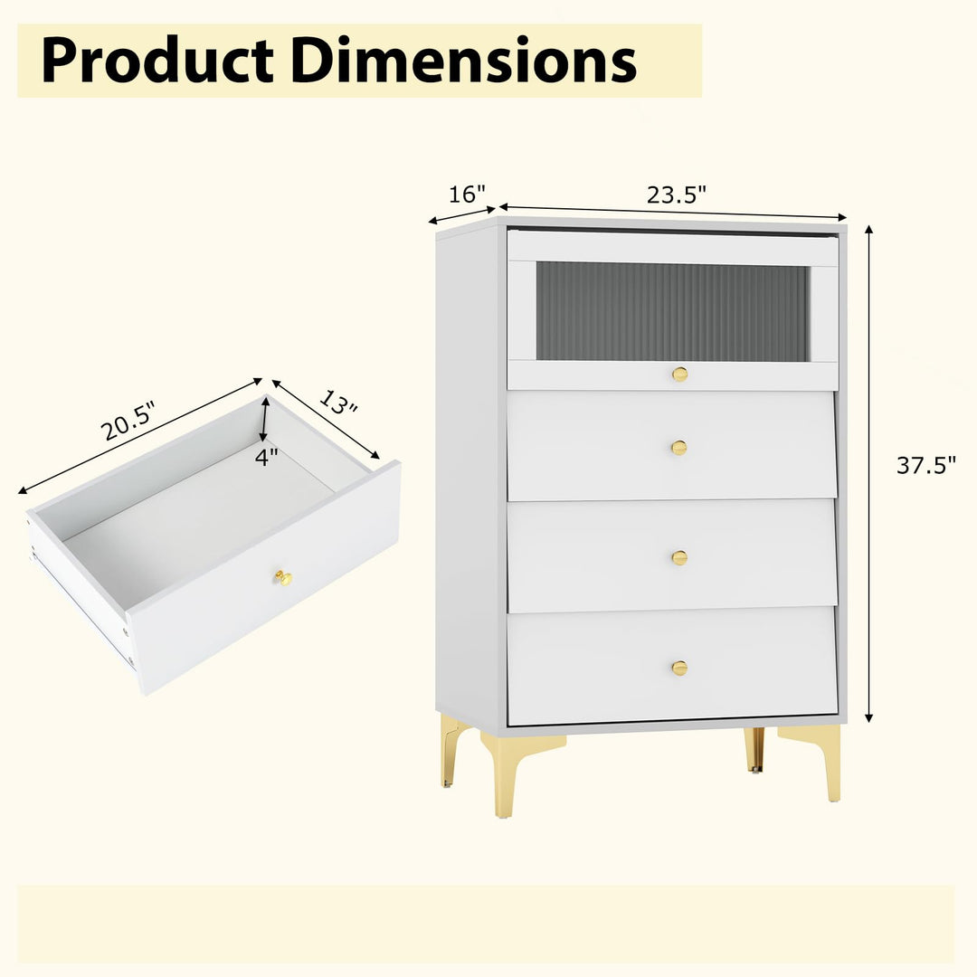 Giantex 3 Drawer Dresser, Modern Storage Cabinet w/Flip Up Fluted Glass Door &amp; Pull-Out Drawers