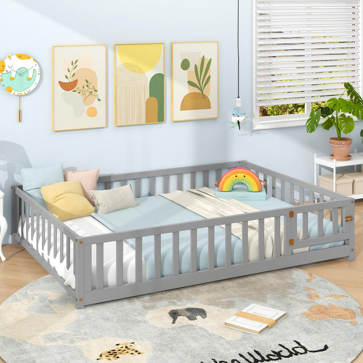 Giantex Full Size Floor Bed for Kids, Montessori Floor Bed with Wood Slats &amp; Safety Guardrails