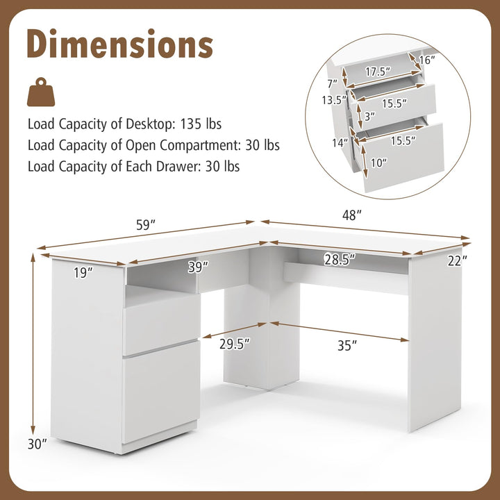 Giantex L Shaped Computer Desk with Drawers, 59" Corner Desk Workstation with Storage Shelf &amp; Cable Holes