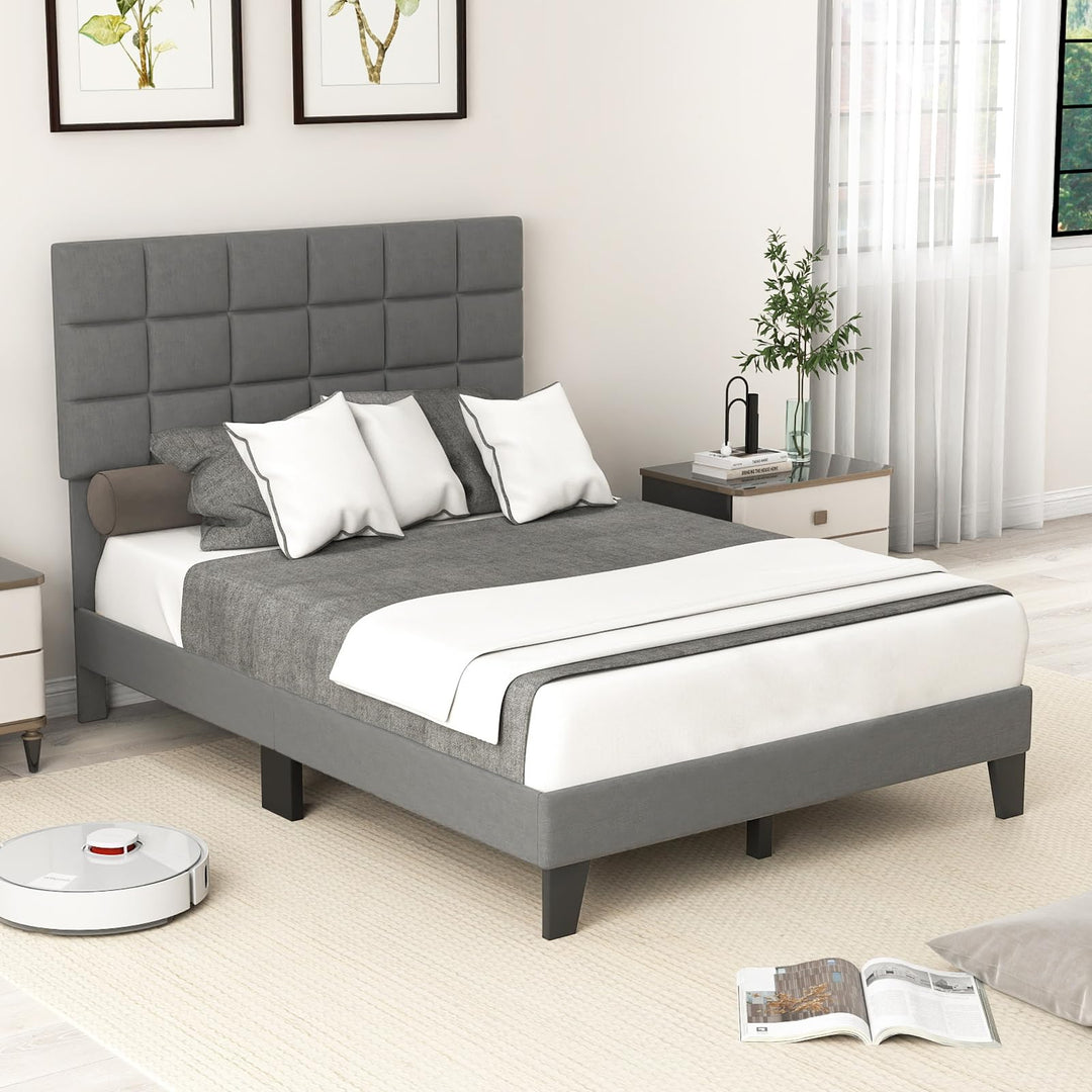 Giantex Full Size Platform Bed, Linen Fabric Upholstered Bed Frame with Adjustable Headboard &amp; Wooden Slat Support