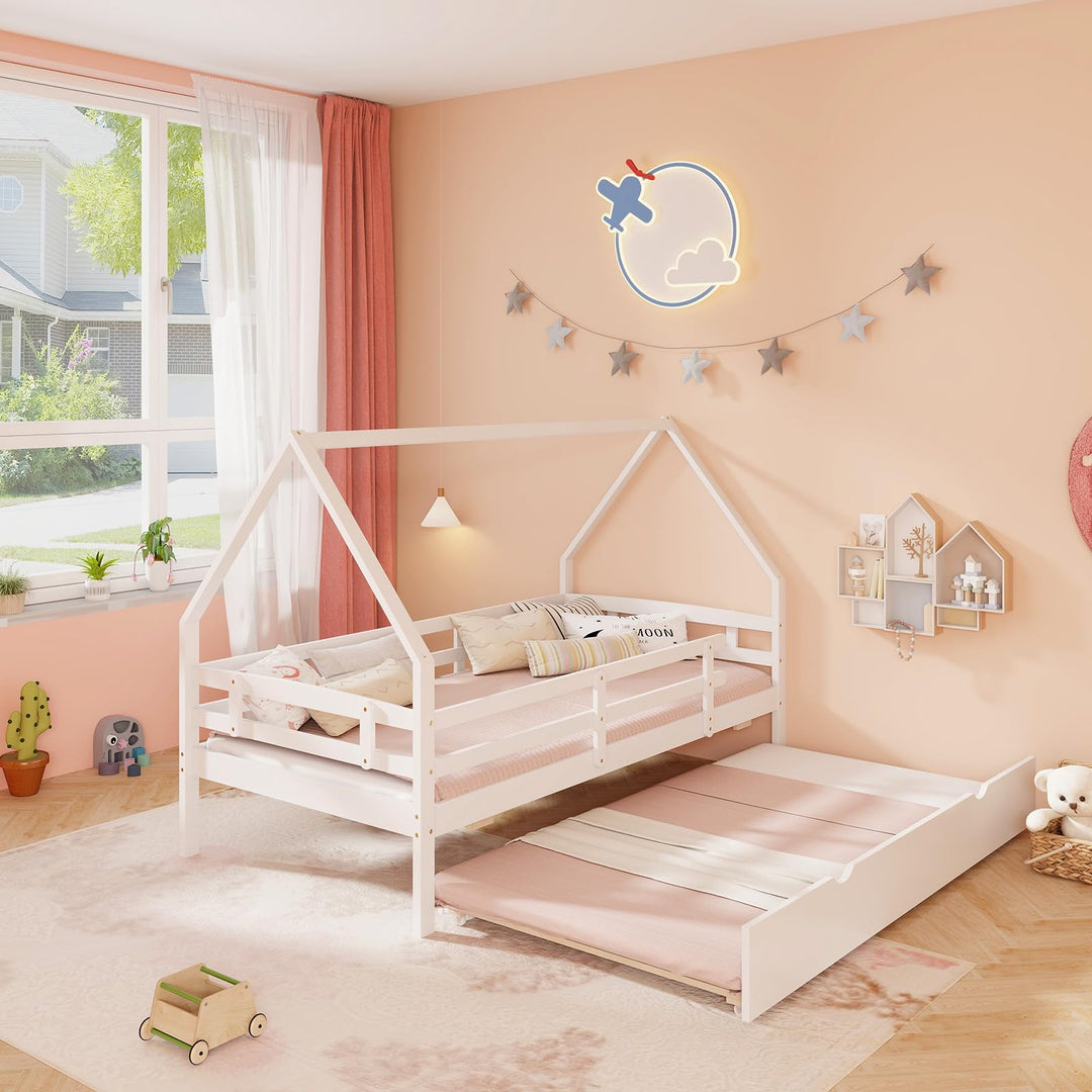 Giantex Twin House Bed with Trundle, Wood Kids Bed Frame with Roof &amp; Fence Rails