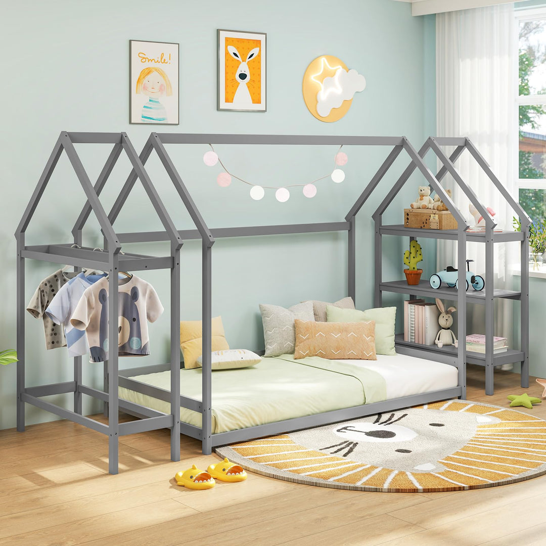 Giantex Twin Floor Bed, Wood Montessori Floor Bed with Detachable 3 Tier Storage Bookshelf &amp; Clothes Rack