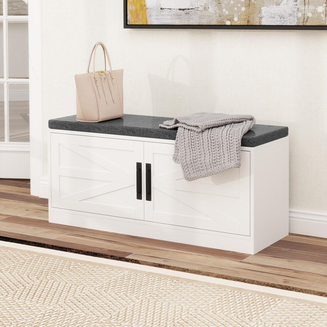 Giantex Shoe Storage Bench with Cushion, 2-Tier Entryway Bench w/2 Barn Doors &amp; 2 Adjustable Shelves