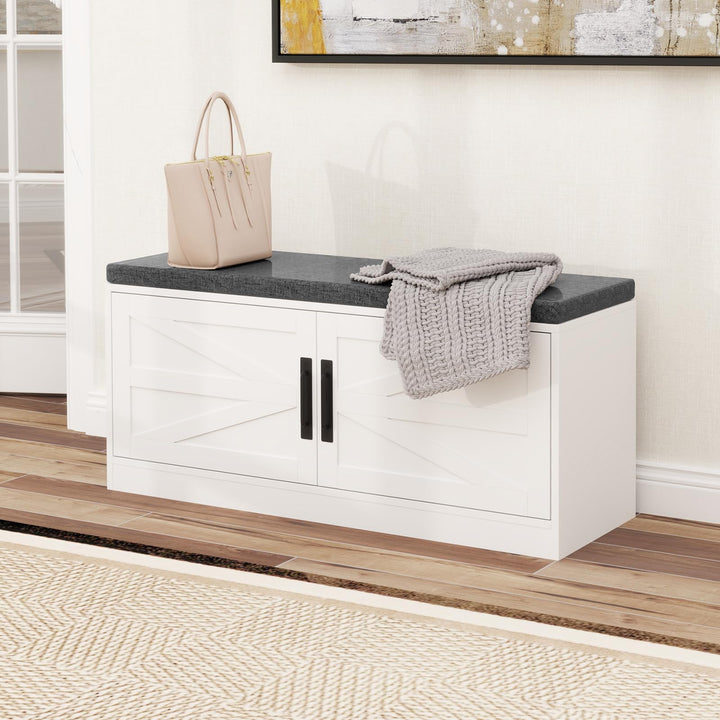 Giantex Shoe Storage Bench with Cushion, 2-Tier Entryway Bench w/2 Barn Doors &amp; 2 Adjustable Shelves