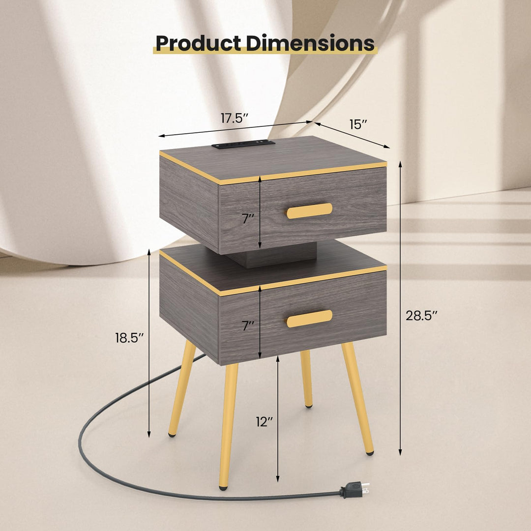 Giantex Nightstand with Charging Station &amp; LED Lights, 28.5" Bedside Table with 2 Drawers