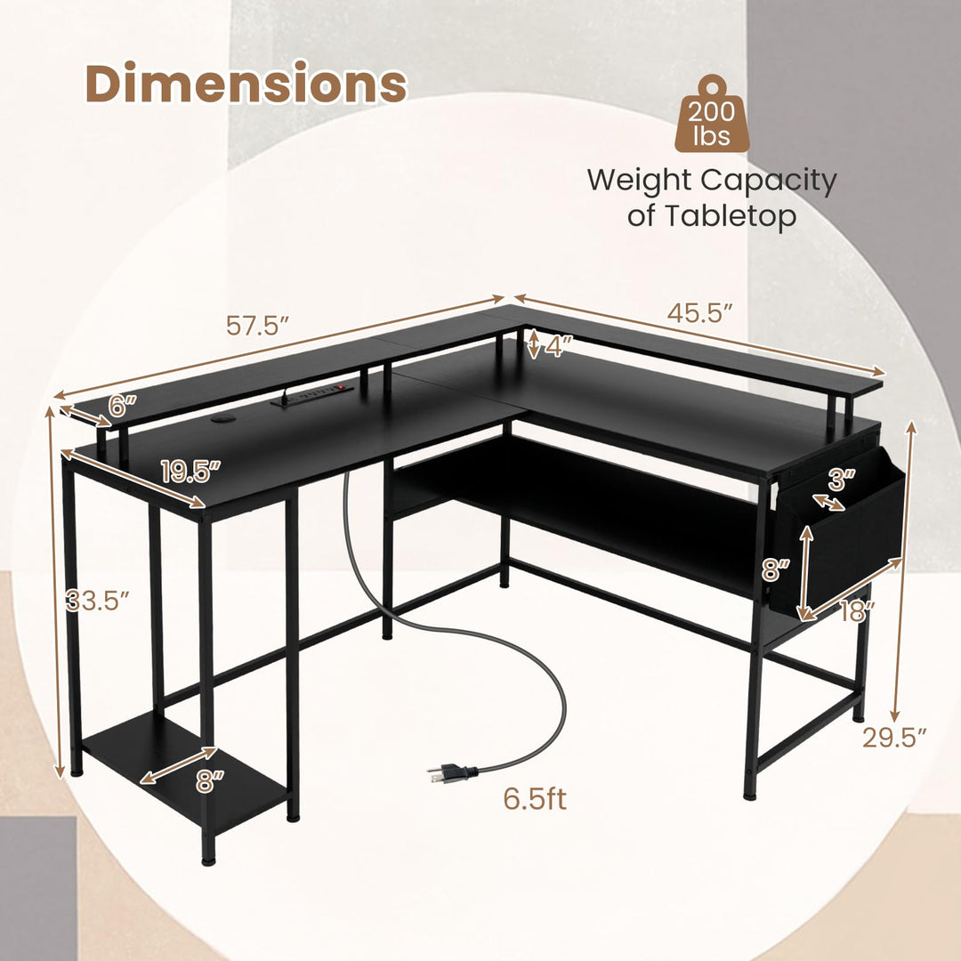 Giantex L Shaped Desk with LED Light &amp; Power Outlets Ergonomic Home Office Desk