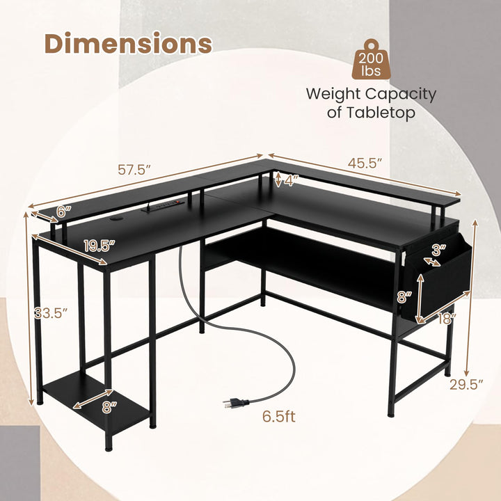 Giantex L Shaped Desk with LED Light &amp; Power Outlets Ergonomic Home Office Desk